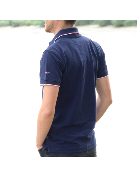 Polo Marine En Maille Piquée Liseré Blanc Et Rouge
