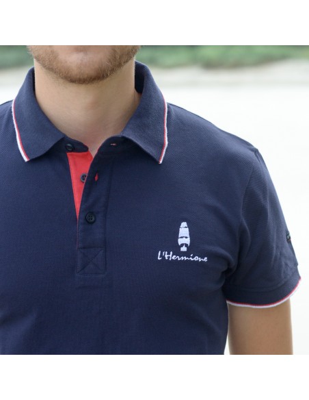 Polo Marine En Maille Piquée Liseré Blanc Et Rouge